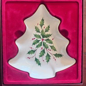 Lenox Christmas Tree Candy Dish with Holly and Gold Trim